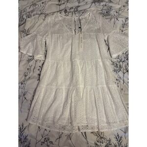 NEW Mustard Seed White Eyelet Tiered Swim Coverup Mini Dress w/ Pockets, Small